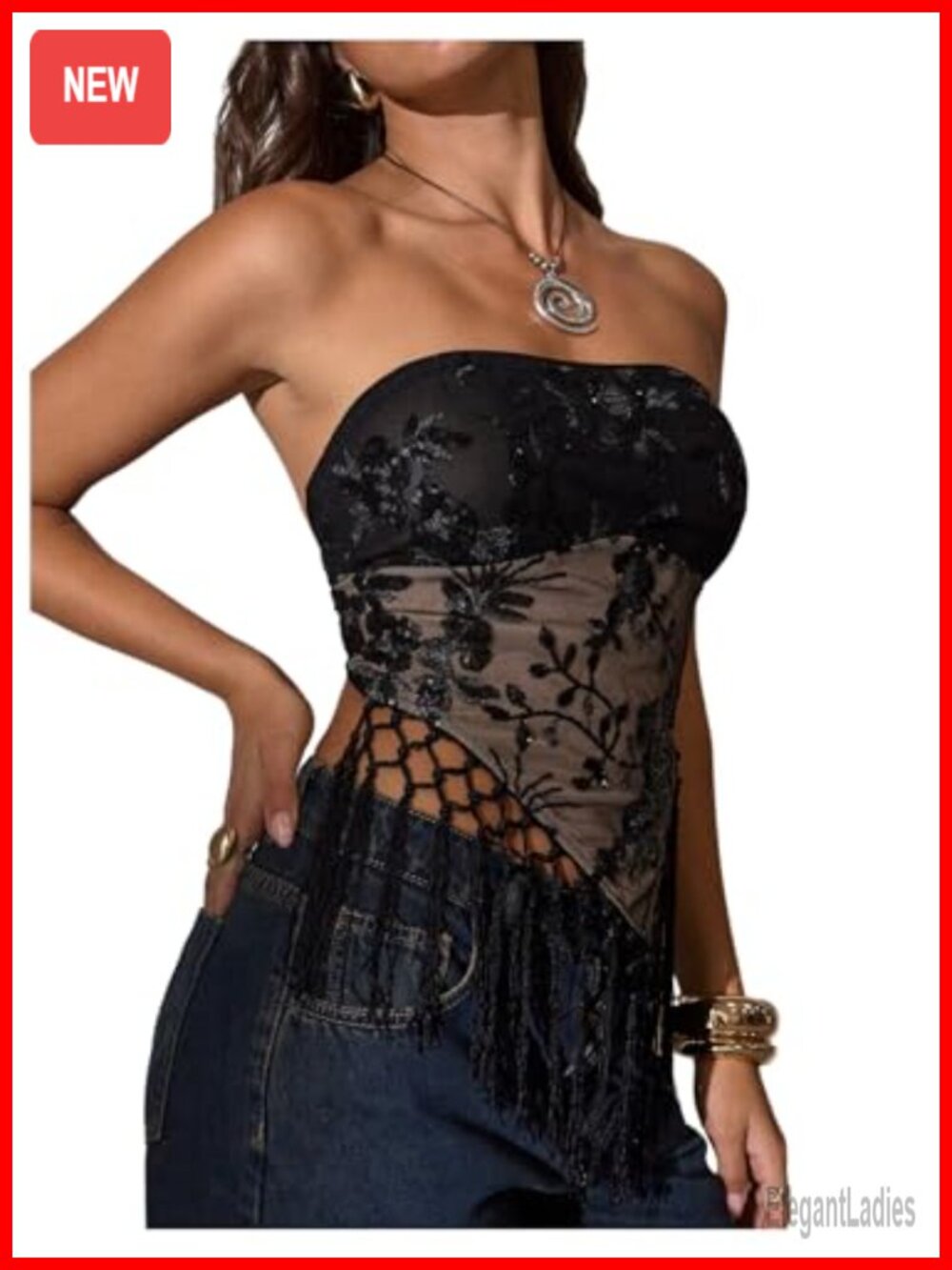Women's Sequin Fringe Tube Top Y2K Rave Mesh Sheer Backless